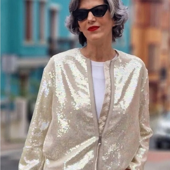 - CHAMPAGNE SEQUIN SILVER BOMBER JACKET WITH ZIPPER sz large - Picture 3 of 7